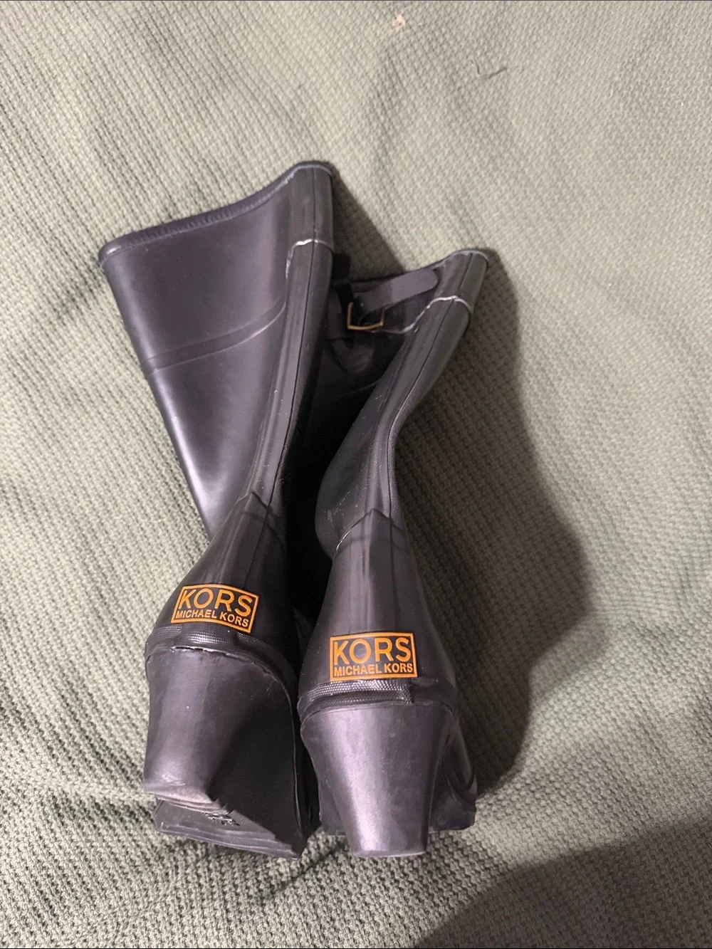 Michael Kors Black Wedge Rain Boots with Buckle Accent